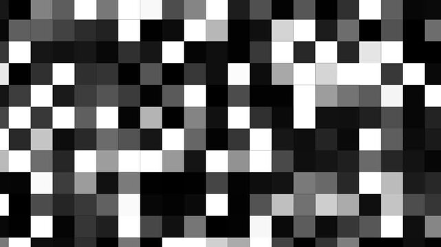 Abstract monochrome pixel grid motion background, dynamic digital noise pattern, looping black and white square texture
