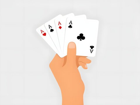 Winning poker hand with four aces held by a player, flat vector illustration