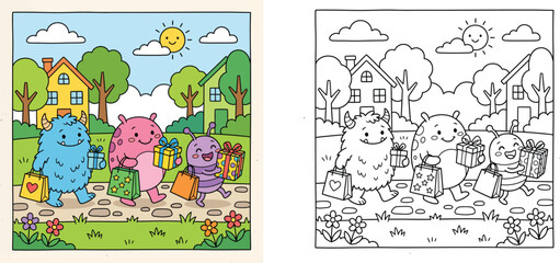 Naklejka premium Cute Monsters Carrying Gifts and Shopping Bags Coloring Page for Kids, Cartoon Monsters Walking in Neighborhood, Colored and Outline Vector Illustration (170 characters)