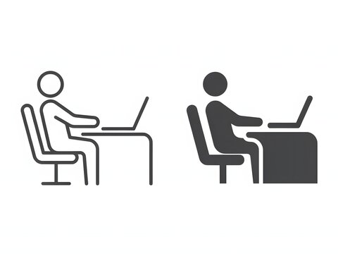 Person working on laptop icon and silhouette for office or remote work concept