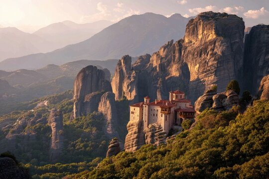 Cliffside monastery nestled in a mountain landscape