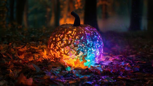 A glowing artistic pumpkin sculpture with multicolored lights in a forest at night.