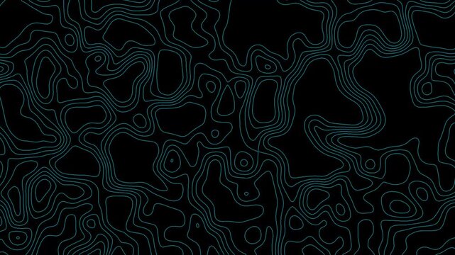 Abstract topographic map motion background, glowing cyan contour lines on black, seamless loop technology animation