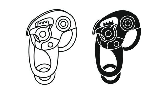 Climbing belay device icon set, vector illustration of climbing equipment for mountaineering, rock climbing gear, safety tool for belaying and rappelling