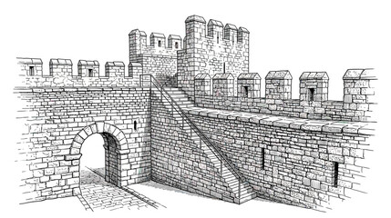 Medieval Stone Fortress Wall with Gate and Turrets © Sandal