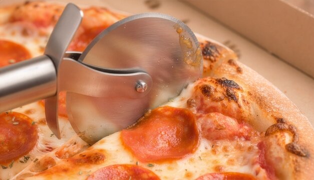 Macro shot of a stainless steel pizza cutter wheel slicing through a hot pepperoni pizza inside a cardboard delivery box, showing melted cheese and crispy crust, shallow depth of field.