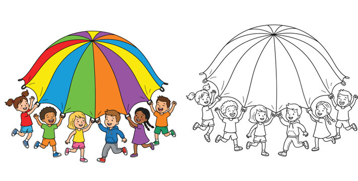 Diverse kids playing with a colorful parachute