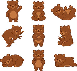Cute Little Brown Bear Cub Cartoon Character Set in Various Poses Sleeping Reading Waving and Climbing for Kids Nursery and Book Illustration Designs © Nayem