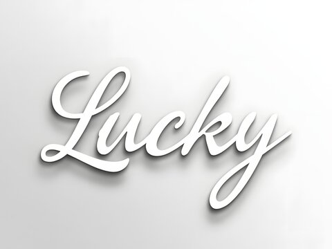 The word Lucky in a stylish white script font with a subtle shadow on a light gray background