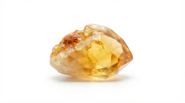 Natural citrine gemstone crystal with golden yellow hues isolated on white