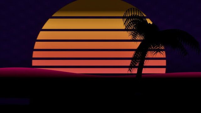Retrowave sunset with palm silhouette. 3d rendering