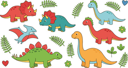 Cute Dinosaur Vector Icon Clipart Set with Triceratops Stegosaurus Brachiosaurus and Pterodactyl for Kids Nursery Graphic Designs © Farid