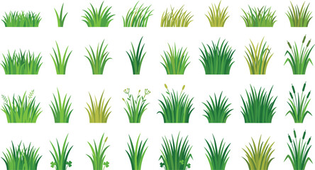 Grass Tuft Collection Vector Set with Realistic Green Lawn Clumps Meadow Turf Ornamental Wild Grass and Botanical Landscape Elements © MdMunzurul