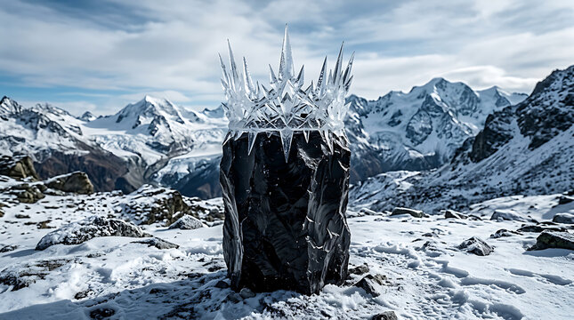 Majestic ice crown on dark stone pedestal surrounded by snowy mountain peaks under a clear winter sky