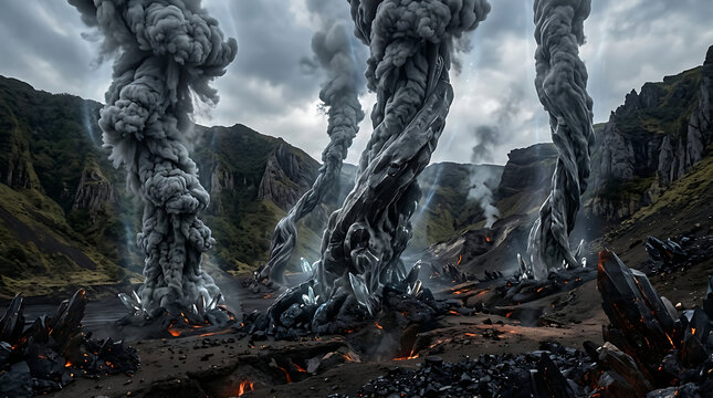 Dramatic Volcanic Landscape with Rising Columns of Dark Smoke and Glowing Lava Cracks