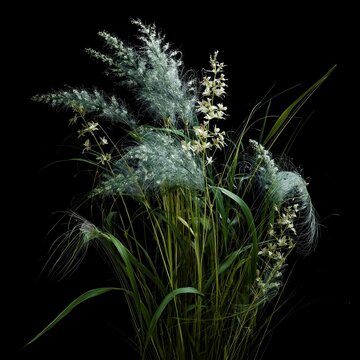 Ethereal grasses sway against a stark black backdrop