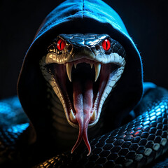 Fototapeta premium Menacing Hooded Snake with Glowing Red Eyes and Open Fangs