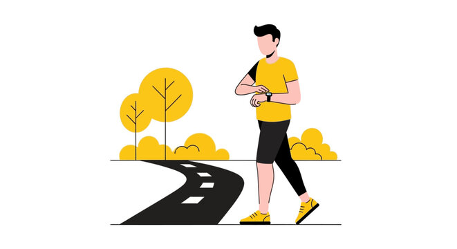Man Walking Outdoors and Checking Smartwatch, Fitness Tracker and Healthy Lifestyle Flat Vector Illustration