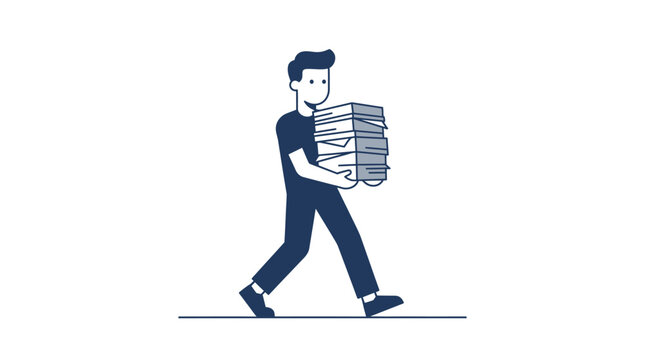 Modern office worker carrying a large stack of documents for marketing design logo and business background illustration