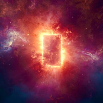 Cosmic glow frames a luminous rectangle against swirling nebulae