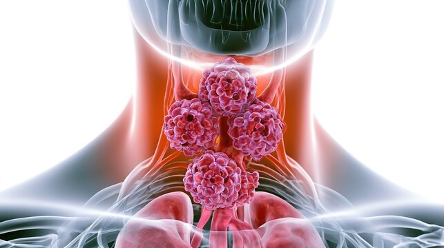 Lymphoma cancer medical illustration, human lymphatic system disorder, malignant lymphocyte tumor, oncology disease research, immune system cancer, pathological anatomy visualization