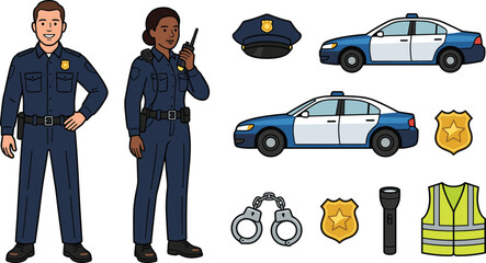 Law Enforcement and Police Officer Character Set with Patrol Cars Badge Handcuffs Radio and Safety Equipment Vector Illustrations © MdMunzurul