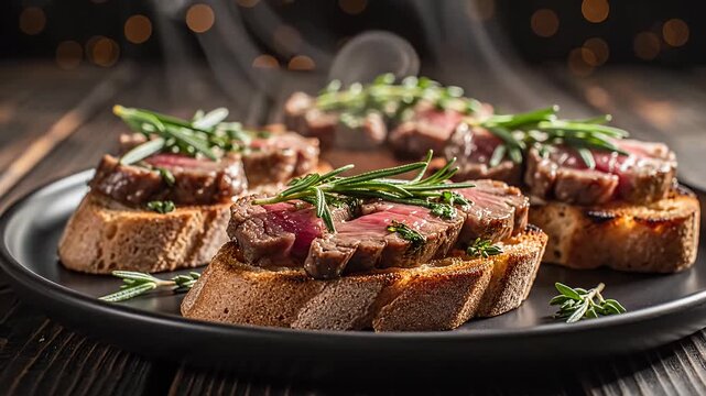 Grilled steak appetizers on dark wooden table with steam.