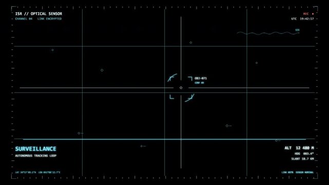 HUD surveillance interface with tracking crosshairs and grid overlay on black . Technical military-style display shows continuous target monitoring. For sci-fi and security content.
