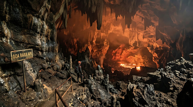 Dramatic interior view of a limestone cave with glowing orange light and ancient rock formations