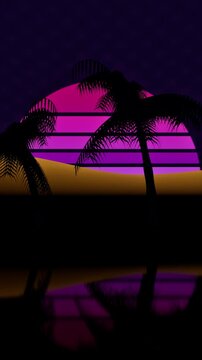 Retro palm trees on neon sunset horizon. 3d rendering