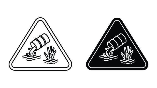 Hazardous waste warning sign icon, toxic chemical spill in water with skeleton hand, vector illustration