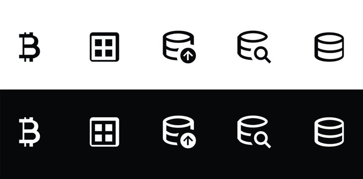 Cryptocurrency, menu, and database icons for app ui and web design, minimalist line vector set