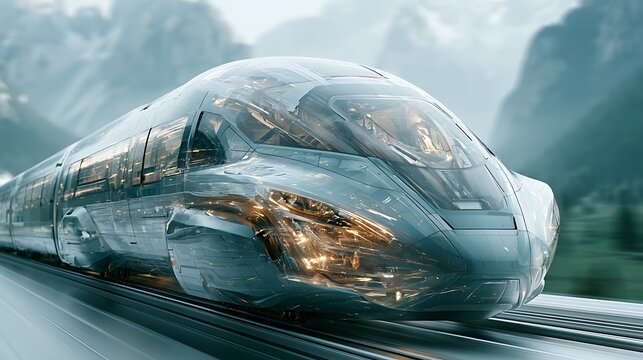 Rail ultra-modern maglev train gliding through mountainous landscape at high speed, motion blur on train body, crisp sharp mountains and green valley in background, Japan-inspired design, futuristic 