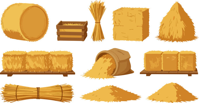 Wheat, grain, and haystack icons, agricultural symbols, farm fresh produce, harvest elements, vector illustrations