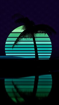 Retro neon palm tree silhouette against striped sun. 3d rendering