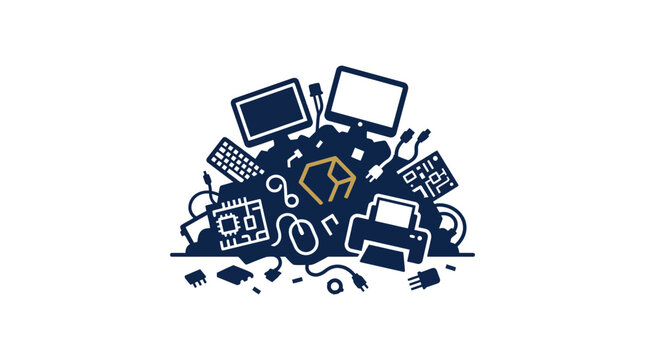 Pile of electronic devices, computer parts, cables and gadgets
