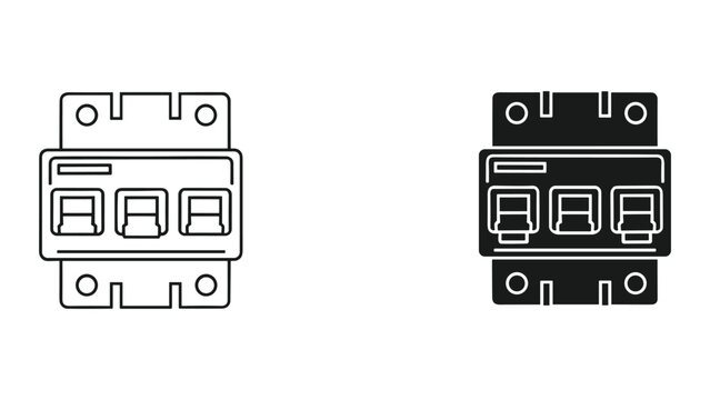 Circuit breaker icon set vector illustration of electrical switchgear, fuse box component, or power distribution device in outline and solid styles