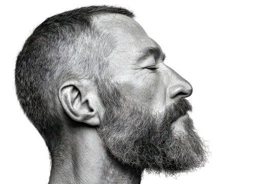 Contemplative man in profile isolated on transparent background. Close-up portrait of a mature man with thick beard and short hair isolated on white background.
