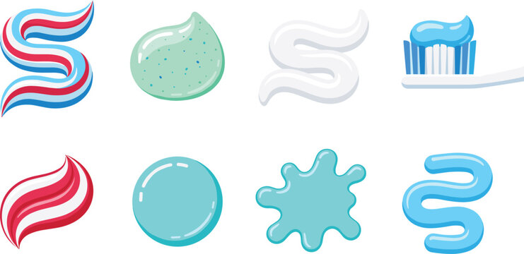 Toothpaste and Dental Care Squeeze Swirl Icon Set with Blue Mint Cream Red Stripe Paste and Toothbrush Vector Illustrations for Hygiene Designs