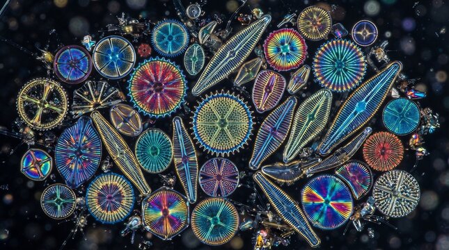 Vibrant diatom shells seen through a polarized light microscope