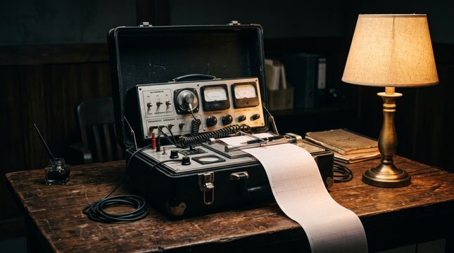 Vintage polygraph lie detector machine on dark wooden desk with lit lamp and inkwell background