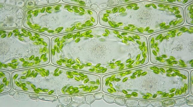 Microscopic view of plant leaf cells with visible green chloroplasts
