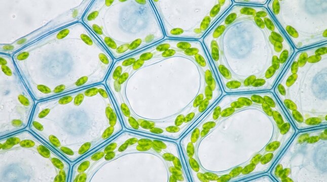 Microscopic view of elodea plant leaf cells with visible chloroplasts