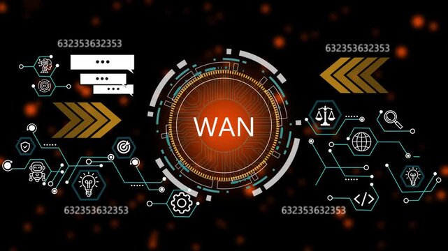  Glowing project management button in German on a futuristic, abstract wave WAN on black background. Smart city, digital world, Global communication network concept. 