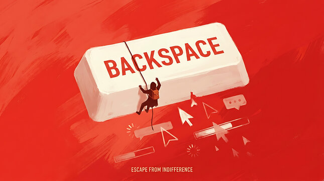 Concept illustration of an adventurer climbing a backspace keyboard key symbolizing the struggle for digital progress and personal transformation
