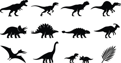 Dinosaur Silhouette Collection with Tyrannosaurus, Triceratops, Stegosaurus, Spinosaurus, Brachiosaurus, Pterodactyl, Parasaurolophus, and Prehistoric Vector Set © MdNazmul