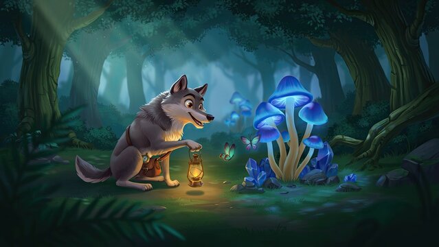 Wolf explorer holds a glowing lantern while discovering a patch of magical bioluminescent mushrooms in a dark forest.