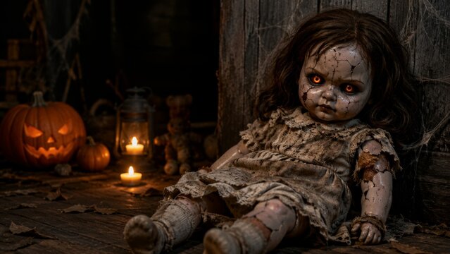 Creepy possessed doll with glowing orange eyes in a dark, spooky halloween setting with cobwebs and pumpkins