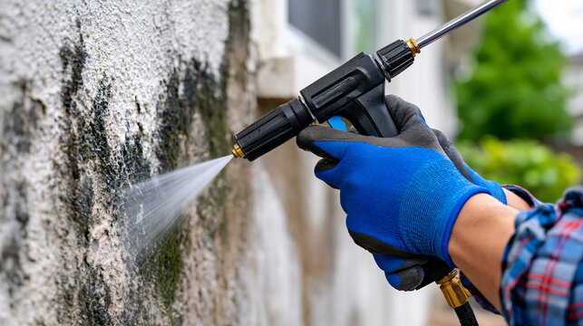 Macro perspective of a pressure washer nozzle removing years of dirt and mold from a textured exterior stucco wall while gloved hands maintain firm control, backyard maintenance, realistic water spr