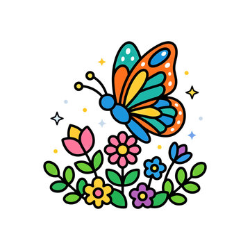 Colorful butterfly on flowers icon. Vibrant spring nature vector illustration.